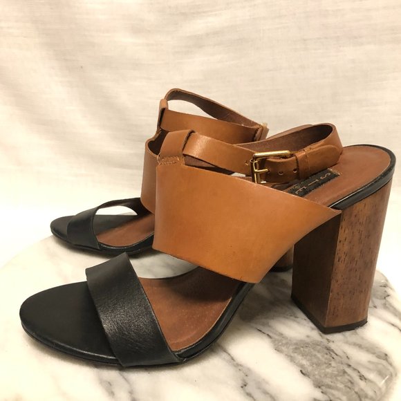 Steven, By Steve Madden, Black and brown leather straps wooden heel, size 8.5 - Picture 1 of 9
